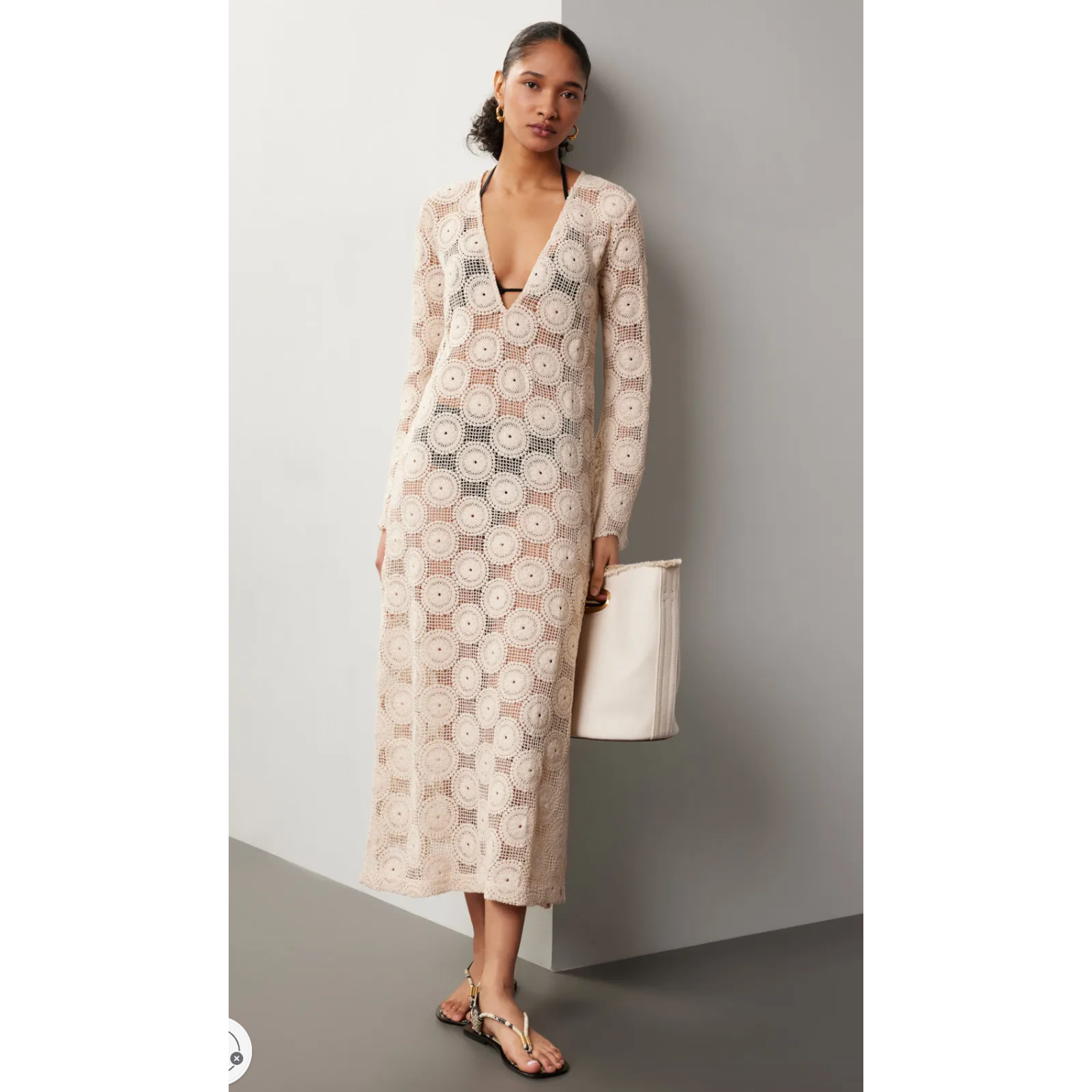 Ronny Kobo X Rtr Sheer Crochet Beige Knit Dress Size Xl